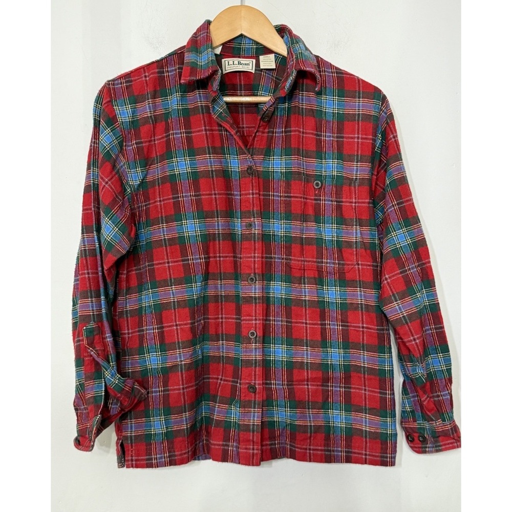 L.L. Bean Women Flannel Button Down Tartan Plaid Shirt USA Small DG 95‎ Vintage